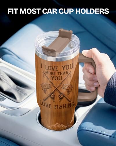 34HD Fishing Love You More 40 oz Tumbler with Handle, Romantic Gift - color: Bass Fish Wood