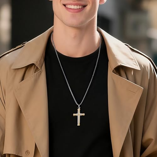 Stainless Steel Cross Necklace for Men with Adjustable Box Chain Christian Cross neckalce Gift - color: Silver-Gold