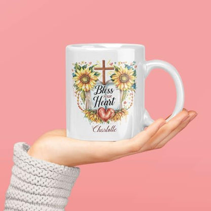 Custom Mug With Bless Your Heart Message, Christian Cup 11oz 15oz, Personalized Sunflowers And Cross Design Mug, Customized Name Religious Coffee Cup, Gift For Christian Men Women - color: HOA-624-2169-BLESS YOUR HEART MUG