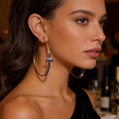 Large Cross Hoop Earrings for Women Sparkly Rhinestone Statement Jewelry for Prom Wedding Party Night Out Accessories Shiny Silver Tone Fashion Dangle Earings - color: Blue