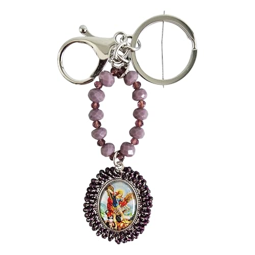 Sabeli Handmade Keychain Clip Holder - Catholic Rosary Bead Prayer - Religious Gifts Men Women - Llavero Catolico Regalo - color: Archangel Michael Purple
