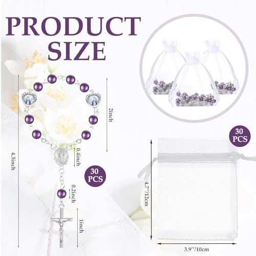 Misdary 30 Sets Baptism Mini Rosary with Organza Bags Faux Pearls Baptism Rosary Favors for Guests Catholic Finger for Christening Weddings Party Favors First Communion Gift(Purple) - color: Purple