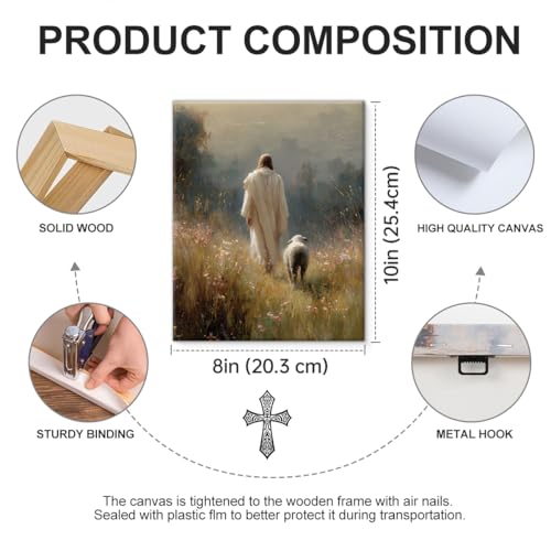 Christian Good Shepherd Wall Art Decor - Religious Jesus Leaves The 99 Canvas Print Picture Landscape Wall Decor for Home Farmhouse Prayer Room 8x10 Inch Framed - color: color-B