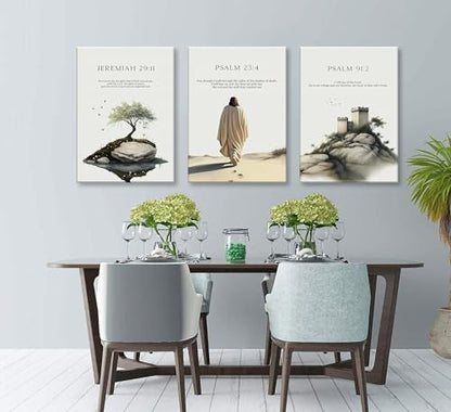 3pcs Framed Bible Verse Jesus Canvas Wall Art Earthy Beige Gray Green - color: Colorful, size: 12x16 Framed