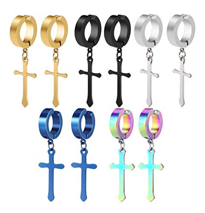 Non-pierced Earrings Set for Men Women Cross Titanium Steel Hoop Dangle Clip On Earring - style: set of 5 pairs