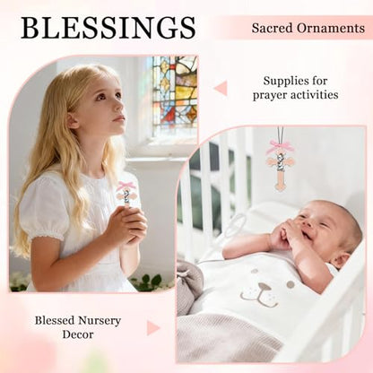 Pink Baptism Cross for Baby Girls - Wall Cross with Praying Child & Ribbon, Baptism Gift for Girls, Nursery Wall Decor