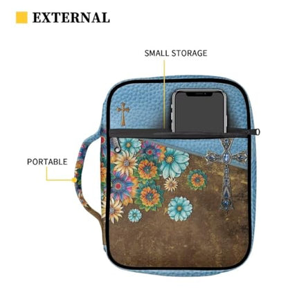 Coldinair Floral Cross Bible Cover for Women,Canvas Carrying Book Case Church Bag Bible Holder with Handle and Zippered Pocket - color: Floral Cross