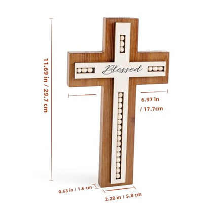 BONNY DODO Christian Wood Cross Wall Decor - Retro Blessed Rustic Wooden Wall Hanging Art, Home Sculpture with wood beads Home Decer (Wooden bead style)