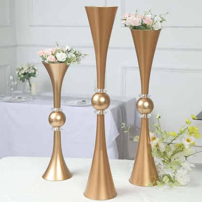 Efavormart 2 Pack | 31" Gold Crystal Embellishment Trumpet Table Centerpiece, Reversible Plastic Flower Vase - color: Gold, size: 31"