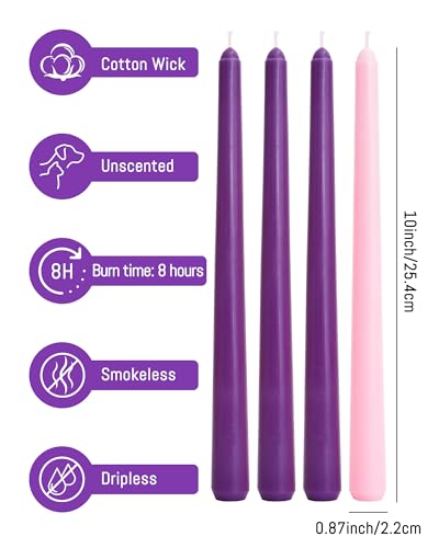 Viyffo Advent Taper Candles 10 Inch 4 Pack Unscented Smokeless - color: 10 Inch Purple and Pink Advent