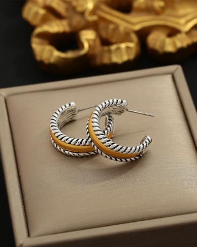 Two Tone Gold Silver Hoop Earrings Mixed Metal Open C Hoop Earrings - color: Antique