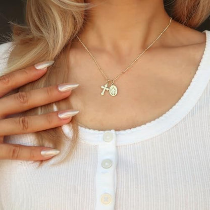 NIXMAX Small Cross Necklace for Women, 14K Gold Silver Plated Pendant - color: Gold-Virgin Mary with Cross