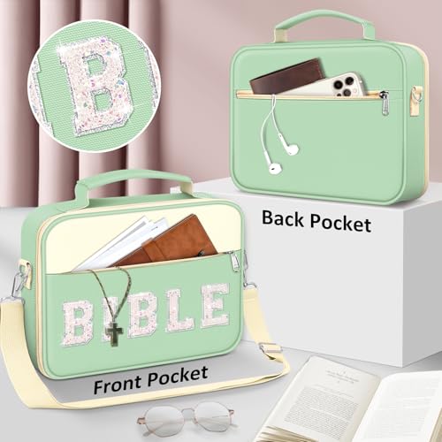 FINPAC Bible Cover with Shoulder Strap, Church Book Carrying Bible Case Bag - color: Letter Green