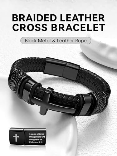Black Cross Cuff Bracelet for Men, Philippians 4:13 Stainless Steel Braided Leather Bible Verse Jesus Bracelets Inspirational Faith Gift for Dad Brother Son Religious Baptism Confirmation Gifts - color: A-Black Cross Philippians 4:13, size: 7.5 Inches