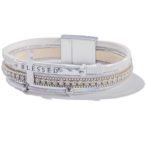 Christian Cross Leather Bracelets Boho Western Blessing Religious Jewelry - color: White