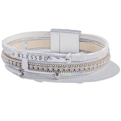 Christian Cross Leather Bracelets Boho Western Blessing Religious Jewelry - color: White