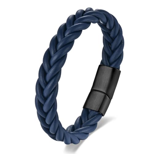 Handmade Braided Leather Bracelet, Black Stainless Steel Clasp, Mens, Cool Classic Stylish - color: Dark Blue