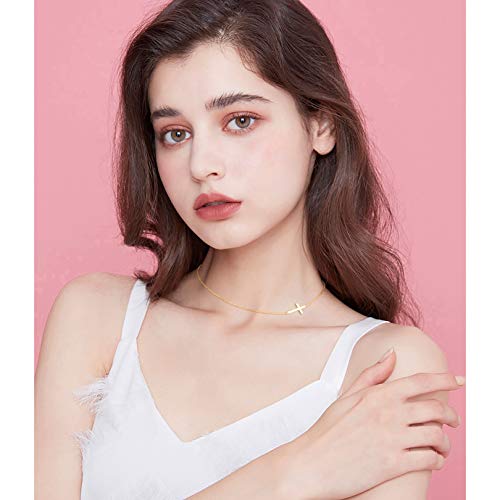 DAOCHONG S925 Sterling Silver Sideways Cross Choker Necklace 14+4 Inch - color: Gold-tone