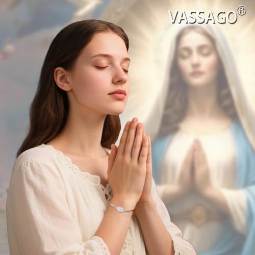VASSAGO Virgin Mary Bracelet for Women Men Double-Sided Virgen de Guadalupe Rosary Bracelet Medal Handmade Braided Rope Catholic Christian Religious Jewelry Gift - color: silver-red string