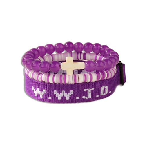 WWJD Bracelets Set WWJD Wristbands Christian Cross Bracelet Stackable Clay Bead Bracelets Stretch Glass Beaded Inspirational Christian Jewelry Gift for Couples Women Men - color: 3PCS Purple