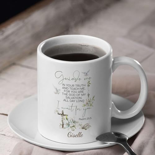 Flower And Cross Accent Cup, Custom Name Religious Mug, Christian Themed Cup 11oz 15oz, Personalized Bible Coffee Mug, Gift For Women On Holiday, Customized Christian Ceramic Mug - color: XUA-624-2341-Guide Me Psalm