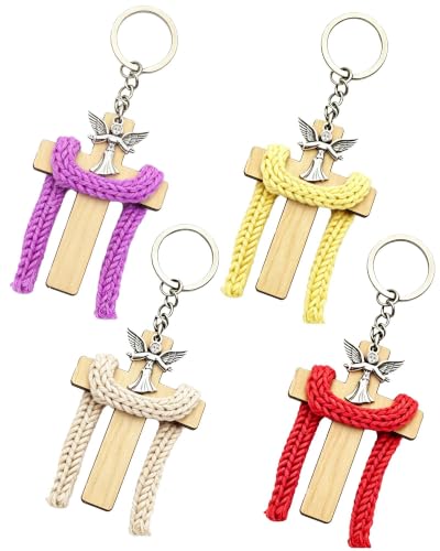4 Pack Wooden Cross Keychain with Knitted Scarf and Metal Angel Charm