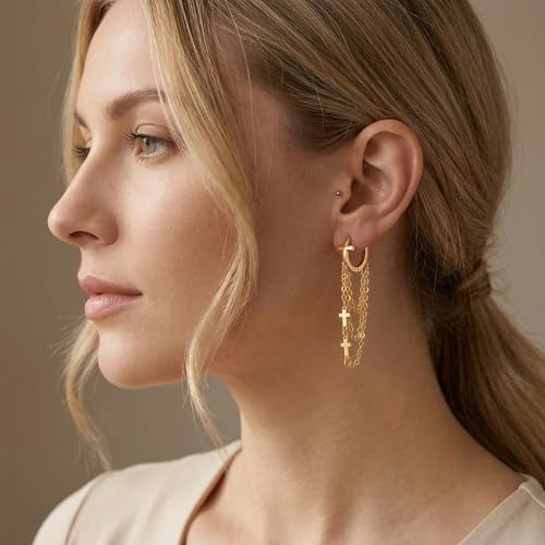 Gold Tassel Chain Hoop Earrings for Women Trendy Cross Evil Eye Dangling Chain Hoop Earrings Huggie Hypoallergenic Fashion Jewelry Gifts