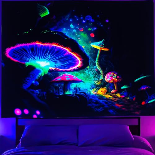TUGCAY Blacklight Mushroom Tapestry Glow In The Dark Fantasy Forest Tapestry UV Reactive Magic Tapestries Wall Hanging Decor for Bedroom Dorm Living Room (35" x 47")