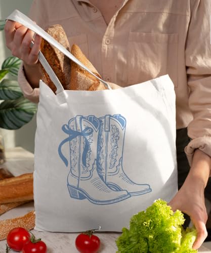 Coquette Bow Bible Canvas Tote Bag for Women Teens Teen Girls, Pink Bow Girls Tote Bag, Coquette Gifts - color: Blue Cowgirl Boots