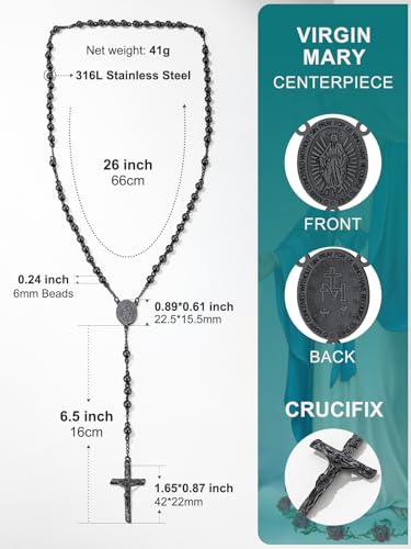 Supcare Rosary for Men Women Catholic Necklace Rosary Beads Customized - color: B02-Virgin Mary Black with Case