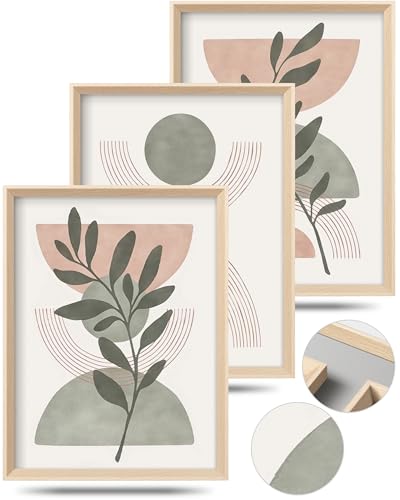 HesenDot Boho Sage Green Framed Wall Art, 12x16IN High Wood Frame Design - color: High Frame Green Neutral Leaf