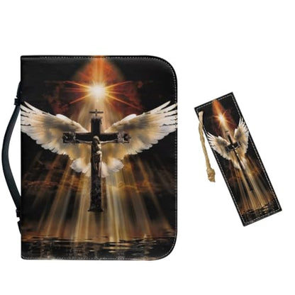 PU Bible Case, Bible Cover for Men,Bible Covers with Leather Bookmark (Set of 1) Bible Carrying Case,Angel Wings and Crosses,X-Large - color: Angel Wings and Crosses, size: X-Large