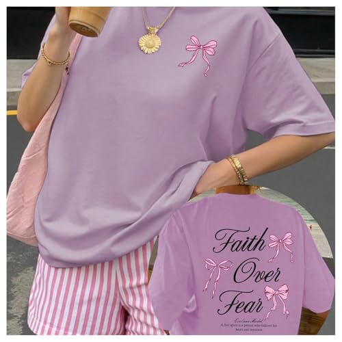 SweatyRocks Women's Bow Shirt Oversized Letter Graphic Tees Cute Tops Trendy Bible Verse Religious T Shirts - color: Purple, size: Small