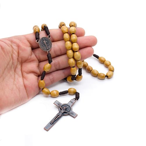SZQCZB Wooden Rosary Beads Catholic for Men, Saint Benedict Medal and Cross - Comes in Gift Pouch and 18pcs Prayer Cards - color: Light Brown