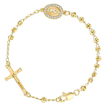 Rosary Cross Bracelet for Women, Virgin Mary Gold Silver Rose Gold 4mm Rosary Beads Catholic Bracelet - color: Gold