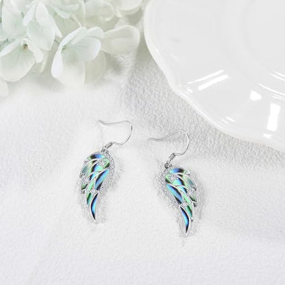 URONE Angel Wings Earring for Women Sterling Silver Fashion Dangle Drop Earring Angel Jewelry for Women - color: silver+abalone shell