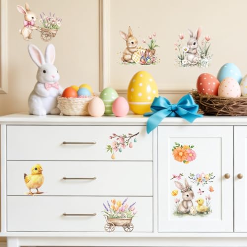 12 Pcs Easter Rub on Transfers, Watercolor Cute Bunny Egg Rub on Transfers for Crafts and Furniture, Spring Flower Dtf Transfer Ready to Press for Home Office Wood DIY Craft Gift - color: Easter Bunny