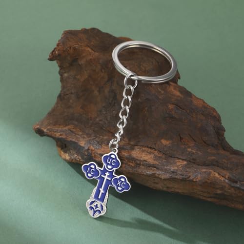 TEAMER Cross Keychain Russian Orthodox Crucifix Eastern Church Keychain Religious Christian Prayer Jewelry for Men Women - color: Blue Silver