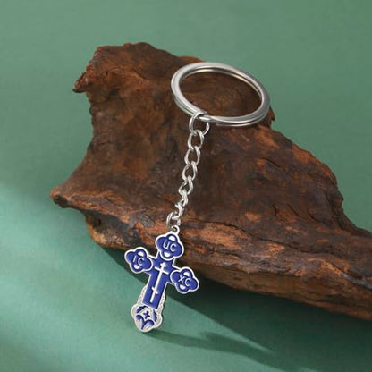 TEAMER Cross Keychain Russian Orthodox Crucifix Eastern Church Keychain Religious Christian Prayer Jewelry for Men Women - color: Blue Silver