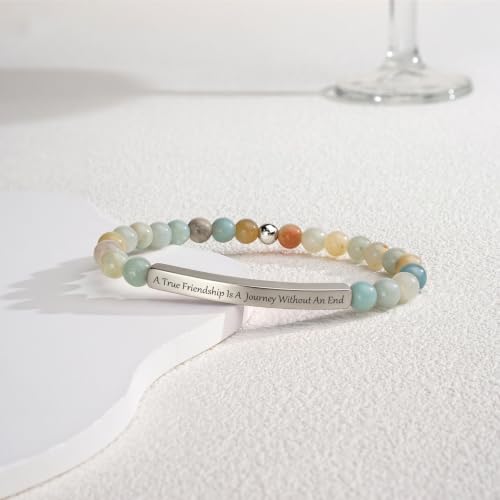 Inspirational Christian Bracelet for Women, 18K Gold Plated Bible Verse Jewelry with Amazonite Beads, Religious Faith Gift for Mom, Daughter, Sister, Friend - color: A true friendship is a journey without an end-Amazonite Silver