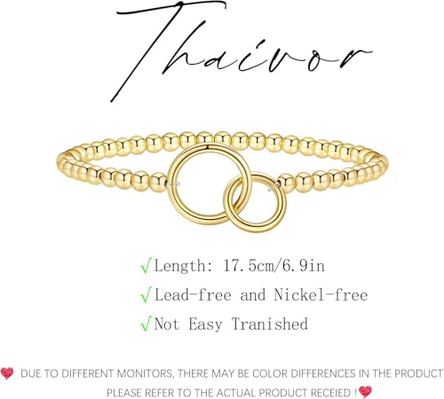 Beaded Bracelets for Women 14K Silver Gold Plated Stretch Handmade Ball Bracelets Cute Charm Bracelet Dainty Stackable Cross Heart Bow Wave CZ Circle Trendy Jewelry Easter Gifts - color: Gold-1