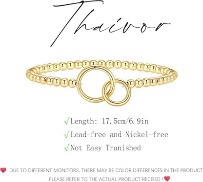 Beaded Bracelets for Women 14K Silver Gold Plated Stretch Handmade Ball Bracelets Cute Charm Bracelet Dainty Stackable Cross Heart Bow Wave CZ Circle Trendy Jewelry Easter Gifts - color: Gold-1