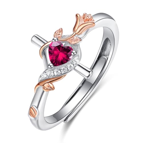 Birthday Gifts Birthstone Rings for Women 925 Sterling Silver Birthstone Rings Anchor/Tree of Life/Snake/Rose Cross Faith Religous Jewelry Gift for Wife Mom Grandma - color: 07-Ruby (C), style: Rose Cross
