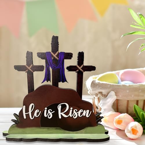 JNYVE Easter Table Decorations for Home: He is Risen Decor Religious Christian Scene Decoration Wooden Cross Tabletop Signs for Home Rustic Farmhouse Spring Decor - style: Modern