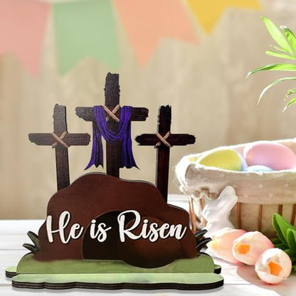 JNYVE Easter Table Decorations for Home: He is Risen Decor Religious Christian Scene Decoration Wooden Cross Tabletop Signs for Home Rustic Farmhouse Spring Decor - style: Modern