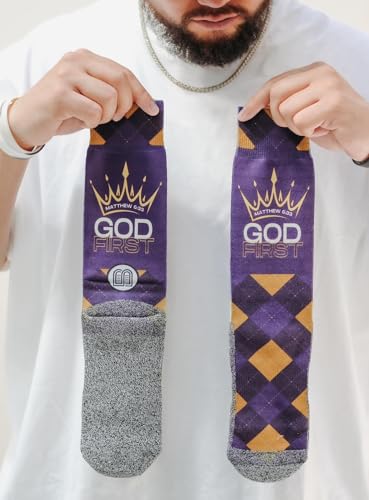 Bible Verse Socks for Men, Christian Scripture Crew Socks, Faith Gift - color: God First (Matthew 6:33)
