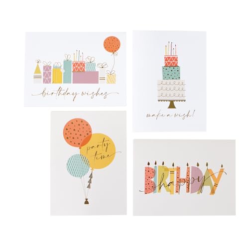 Masterpiece Colorful Party Time Birthday Cards / 24 Boxed Birthday Note Cards With Shiny Gold Foil Accents And Colored Envelopes / 4 5/8" x 6 1/4" Folded Greeting Cards With Inside Verses / 4 Modern Designs - color: Colorful Party Time
