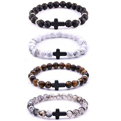 Softones 4PCS Cross Beads Bracelet for Men Women 8mm Healing Lava Stone Stretch Bracelets,7.5" - color: D:4Pcs a set