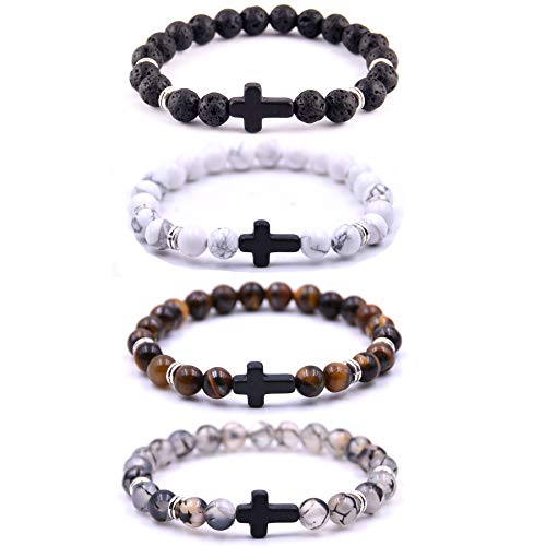 Softones 4PCS Cross Beads Bracelet for Men Women 8mm Healing Lava Stone Stretch Bracelets,7.5" - color: D:4Pcs a set