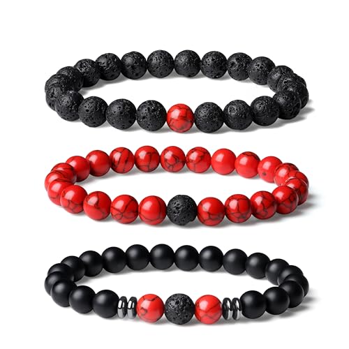 Mens Beaded Bracelets, 8MM Beaded Bracelets for Men, Natural Tiger Eye Bead Bracelet, Stretch Elastic Beads Bracelets for Men - color: 3 volcanic red turquoise black